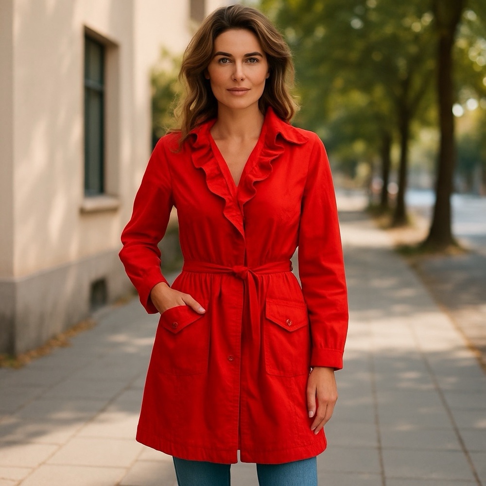 Kerry Brooke Women’s Orange Belted Ruffle Trench Coat Ruched Sleeves Size L
